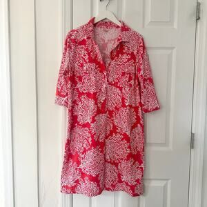 Tuckernuck Persifor Red White Coral Print Winpenny Collar Stretch Dress XL
